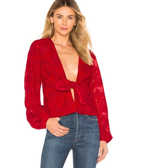Lovers + Friends Tops - Lovers + Friends Theo red tie front embroidered blouse